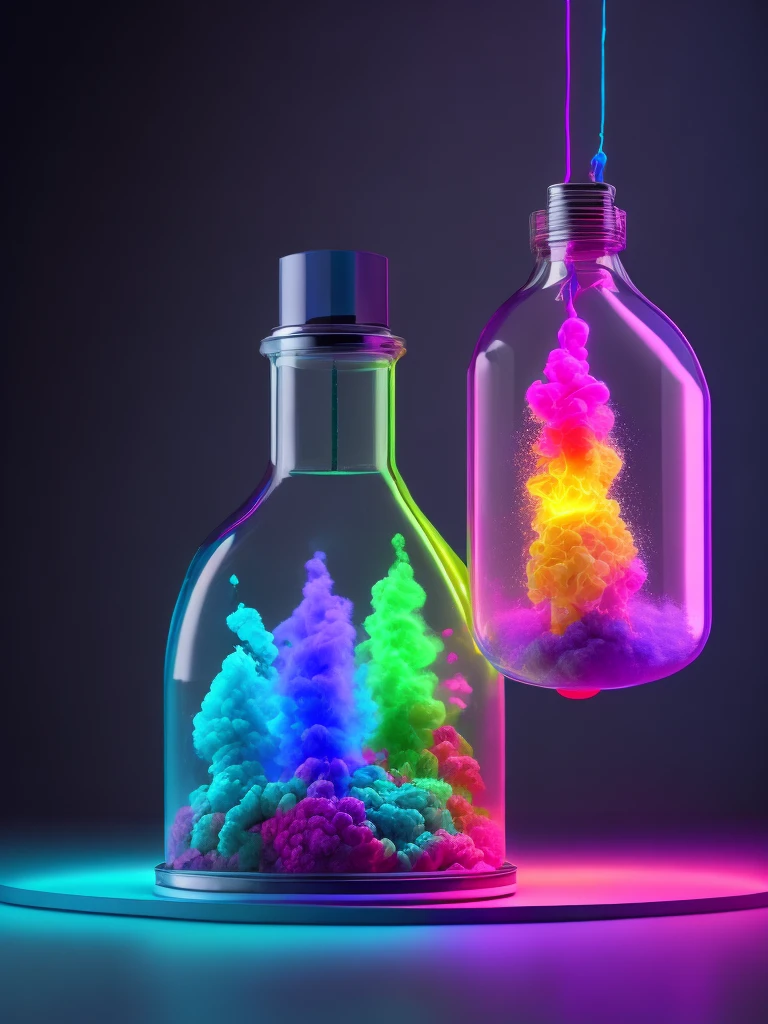 In a laboratory, neon colors are transferred to Ape in a glass capsule and colored smoke comes out of the capsule. there are splashes of neon color around and some broken wires transferring color in places.