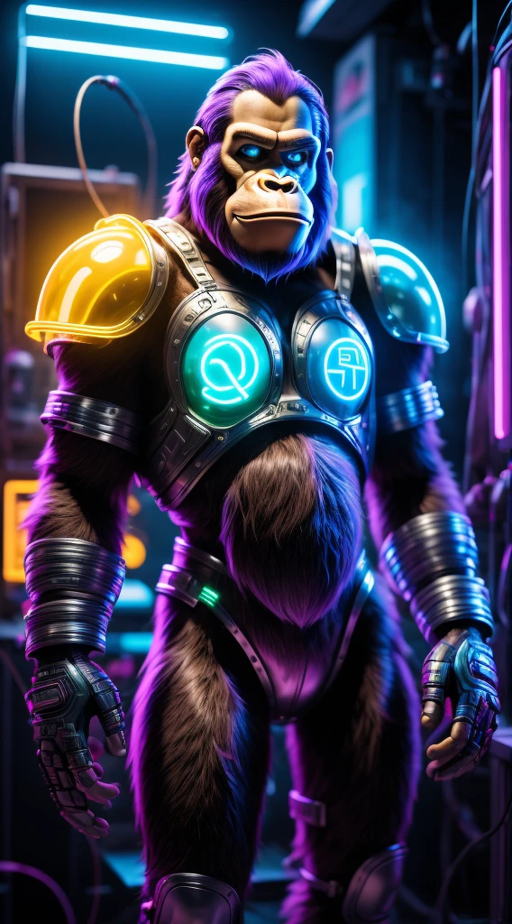 In a laboratory, neon colors are transferred to Ape in a glass capsule and colored smoke comes out of the capsule. there are splashes of neon color around and some broken wires transferring color in places, translucent neon body color (purple, blue, green), perfect composition, hyperrealistic, super detailed, 8k, high quality, trending art, trending on artstation, sharp focus, studio photo, intricate details, highly detailed,