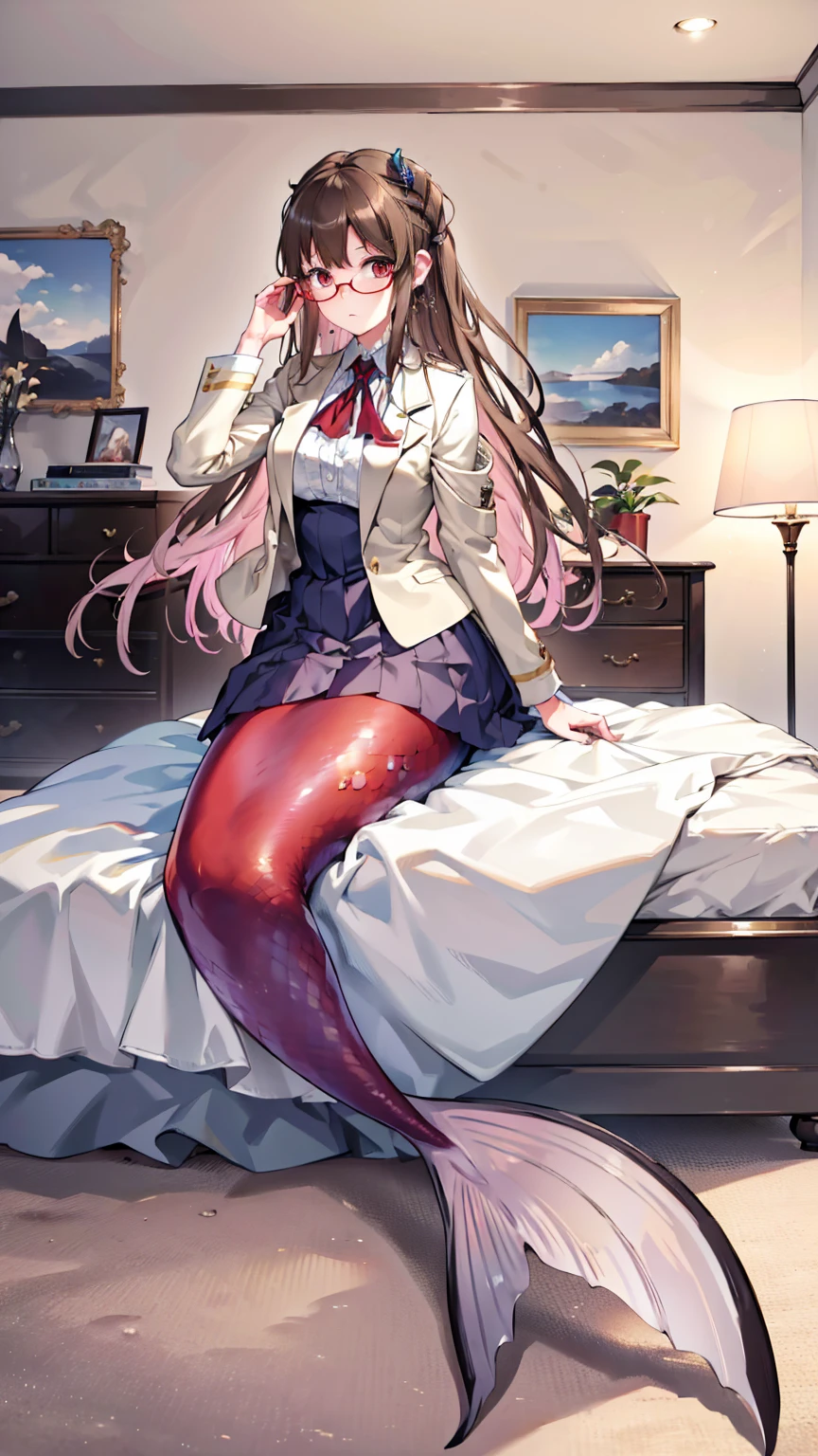masterpiece, best quality,(perfect five fingers,The best ratio of four fingers and a thumb),A girl,(Exquisite eyes),jacket, open jacket, white shirt, pleated skirt,brown hairred eyes,red framed eyewear,semi rimless eyewear,Large Breasts,Hair accessories,Mermaid,full-body shot,living room,Lying in bed
