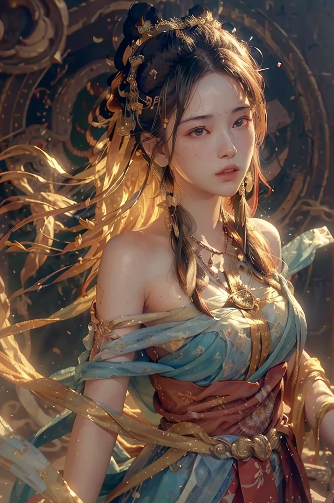 (RAW photo, best quality), (realistic, photo-realistic:1.3),best quality,highly detailed,masterpiece,ultra-detailed,illustration,1girl,upper_body,dynamic angle,world masterpiece theater,messy_long_hair,best quality,extremely detailed CG unity 8k wallpaper,ink,Amazing,cinematic lighting,lens_flare,,dunhuang_style