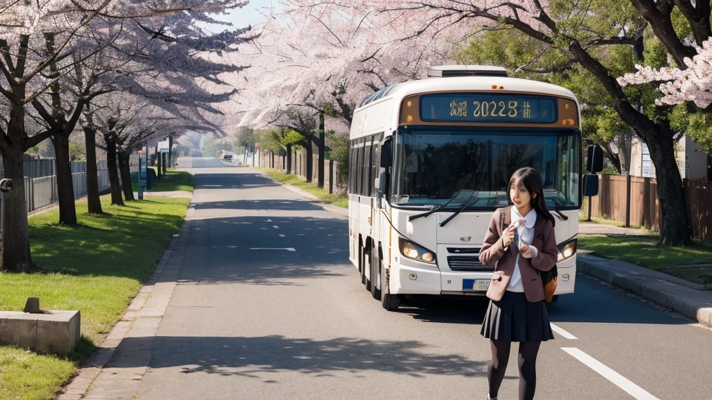 Description: A high school student named Hana is seen getting on a bus in the early morning. She is wearing a with a blazer and a skirt, and has a backpack slung over one shoulder. The bus is modern and clean, with other students also boarding.
Setting: A quiet suburban street with cherry blossom trees lining the road.
Detail: The sky is just starting to lighten, and there's a hint of morning dew on the ground.