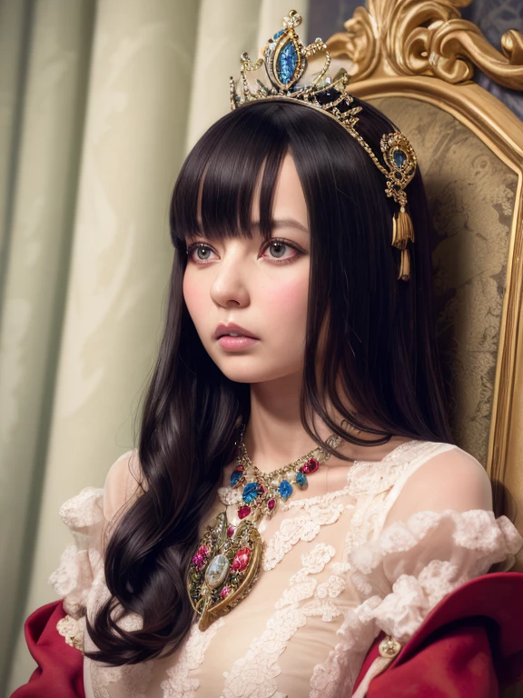 (Ultra-high resolution), (masterpiece), (Attention to detail), (high quality), (最high quality), ((upper body shot)) , One Girl, Medieval Lady, ((Queen)), Victorian Style, race, silk, Long gown, High upstyle, tiara, Royal Blue, Silver Accessories, Luxury Background, Royal Palace Garden, Coat of arms, Luxurious curtains, Classic beauty, Sophistication, Noble, 王家のCoat of arms, Graceful pose, Noble atmosphere