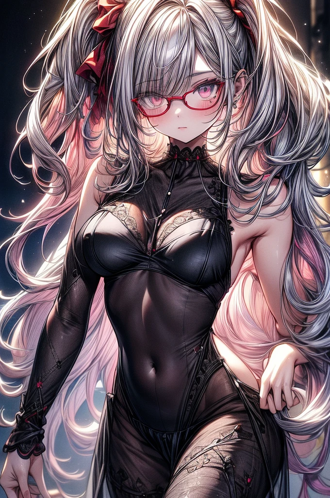 ((highest quality)),(ultra high resolution),(Super detailed),(detailed description),((best CG)),(best work of art),super precision art, great drawing art,(Art with precise details:1.5), (1 woman:1.5), beautiful and well-shaped face:1.5,(Beautiful skin with precise and detailed depiction:1.6),(Very precisely depicted black sheer Pyjama nightdress:1.5),provocative angle:1.6,gorgeous, beautiful young age girl, 13 ynned white skin, long waist length hair(pink-red hair)(white highlights), soft facial features, heterochromatic eyes(left eye: silver)(right eye: red), elegant battle-styled sundress, cherry red plump lips, large E-cup breasts, short height(150cm). wide hips and large round ass, silver round-frame glasses, athletic and toned body