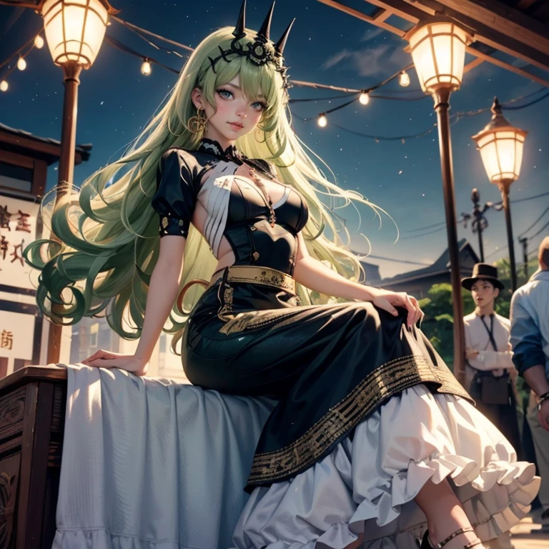 Mobius_(honkai impact 3d), ornament hair, perfectly body, perfectly hands, wave hair, light green hair, long hair, maid, maid dress, maid headdress, maid apron, garden, temple, shrine, outside, Chinese festival scenery, gold lantern, Chinese lantern, fireworks, black dress, more details on her clothes, black dress, golden details, night, smiling, ((4k, masterpiece, top-quality)),8k, best quality, high resolution, HD, (illustration:0.8), super cute girl, delicate and beautiful face, 1girl, solo, mature girl, super cute hairstyle, (beautiful detailed eyes:1.6), extremely detailed face, perfect lighting, extremely detailed CG, (perfect hands, perfect ???????), Best quality, cleavage, skirt, full Body,