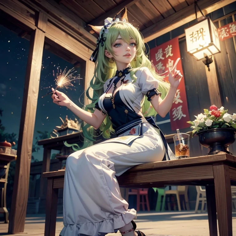 Mobius_(honkai impact 3d), ornament hair, perfectly body, perfectly hands, wave hair, light green hair, long hair, maid, maid dress, maid headdress, maid apron, garden, temple, shrine, outside, Chinese festival scenery, gold lantern, Chinese lantern, fireworks, black dress, more details on her clothes, black dress, golden details, night, smiling, ((4k, masterpiece, top-quality)),8k, best quality, high resolution, HD, (illustration:0.8), super cute girl, delicate and beautiful face, 1girl, solo, mature girl, super cute hairstyle, (beautiful detailed eyes:1.6), extremely detailed face, perfect lighting, extremely detailed CG, (perfect hands, perfect anatomy), Best quality, cleavage, skirt, full Body,