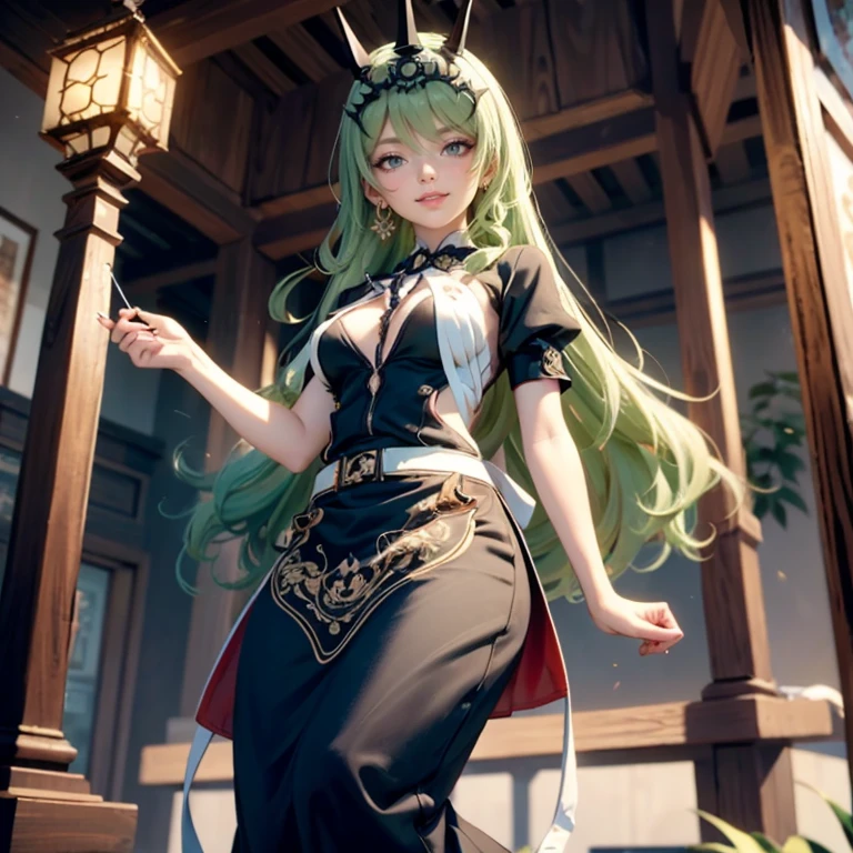 Mobius_(honkai impact 3d), ornament hair, perfectly body, perfectly hands, wave hair, light green hair, long hair, maid, maid dress, maid headdress, maid apron, garden, temple, shrine, outside, Chinese festival scenery, gold lantern, Chinese lantern, fireworks, black dress, more details on her clothes, black dress, golden details, night, smiling, ((4k, masterpiece, top-quality)),8k, best quality, high resolution, HD, (illustration:0.8), super cute girl, delicate and beautiful face, 1girl, solo, mature girl, super cute hairstyle, (beautiful detailed eyes:1.6), extremely detailed face, perfect lighting, extremely detailed CG, (perfect hands, perfect anatomy), Best quality, cleavage, skirt, full Body,
