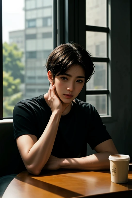there is a man wearing black t-shirt sitting at a table with a cup of coffee and a cell phone, morning time, portrait of morning coffee, lofi portrait at a window, morning coffee, morning lighting, korean artist, early morning mood, summer morning light, male ulzzang, inspired by Kim Eung-hwan, cinematic morning light, sitting in a cafe alone