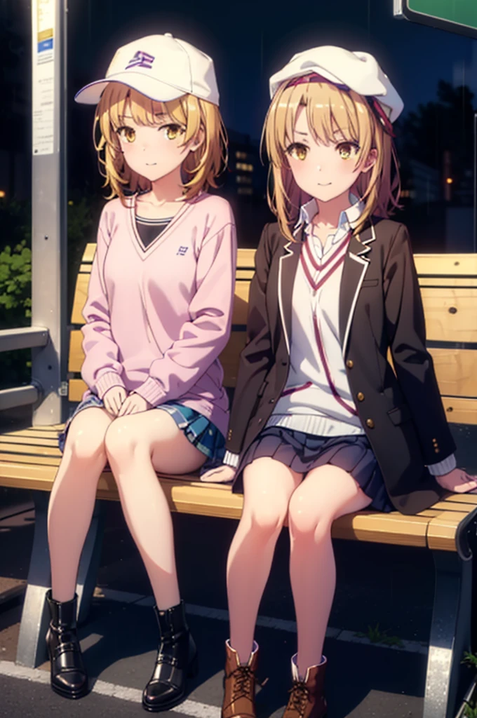Irohaisshiki, isshiki iroha, Long Hair, Brown Hair, (Brown eyes:1.5), happy smile, smile, Close your mouth,blush,rain,night,Baseball hats,Pink oversized hoodie,V-neck shirt,mini skirt,Black pantyhose,short boots,Sitting on a bus stop bench、,Hidden in a covered building bus stop,whole bodyがイラストに入るように,
break outdoors, バス停
break looking at viewer,whole body,
break (masterpiece:1.2), Highest quality, High resolution, unity 8k wallpaper, (figure:0.8), (Beautiful attention to detail:1.6), Highly detailed face, Perfect lighting, Highly detailed CG, (Perfect hands, Perfect Anatomy),