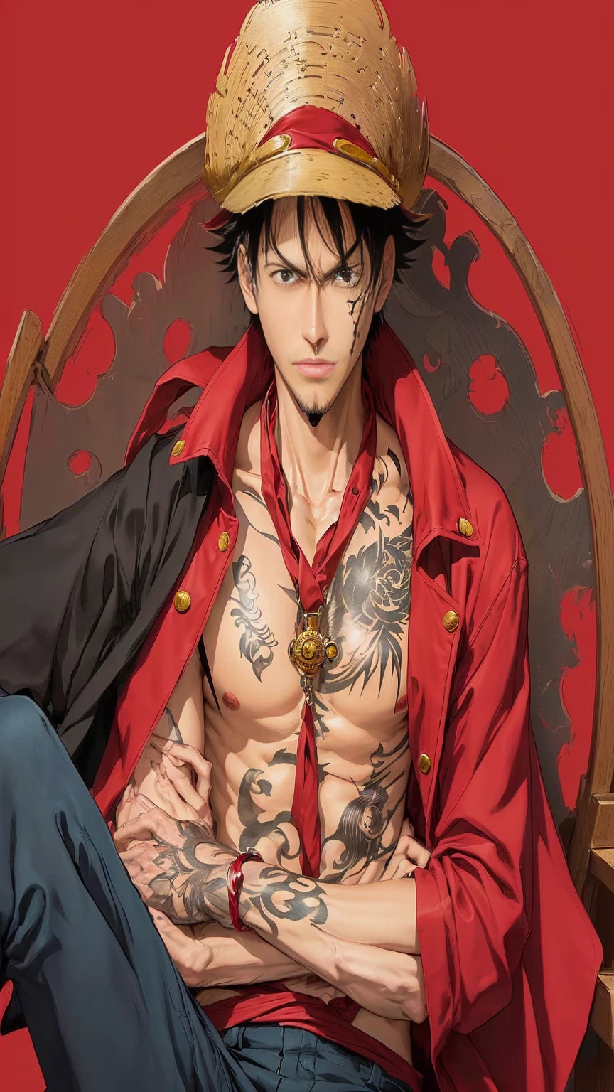 Monkey D Luffy from anime onepiece /manga sitting on a chair with a tattoo on his chest, inspired by Eiichiro Oda, eiichiro oda style, style of eiichiro oda, luffy, monkey d. luffy, monkey d luffy, luffy (one piece, portrait of luffy from one piece, luffy from one piece, from one piece, official art, one piece style, by Eiichiro Oda