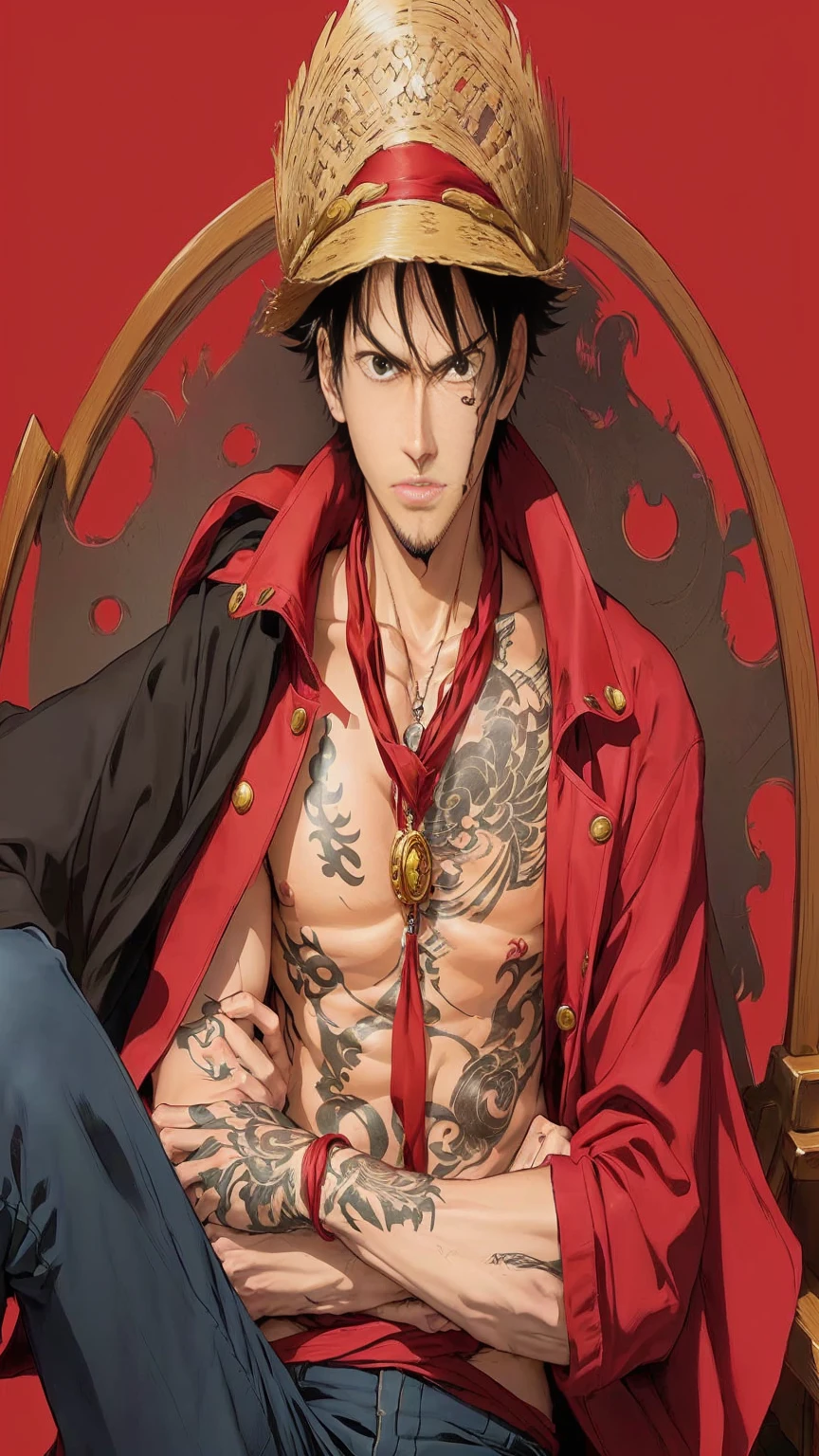 Monkey D Luffy from anime onepiece /manga sitting on a chair with a tattoo on his chest, inspired by Eiichiro Oda, eiichiro oda style, style of eiichiro oda, luffy, monkey d. luffy, monkey d luffy, luffy (one piece, portrait of luffy from one piece, luffy from one piece, from one piece, official art, one piece style, by Eiichiro Oda