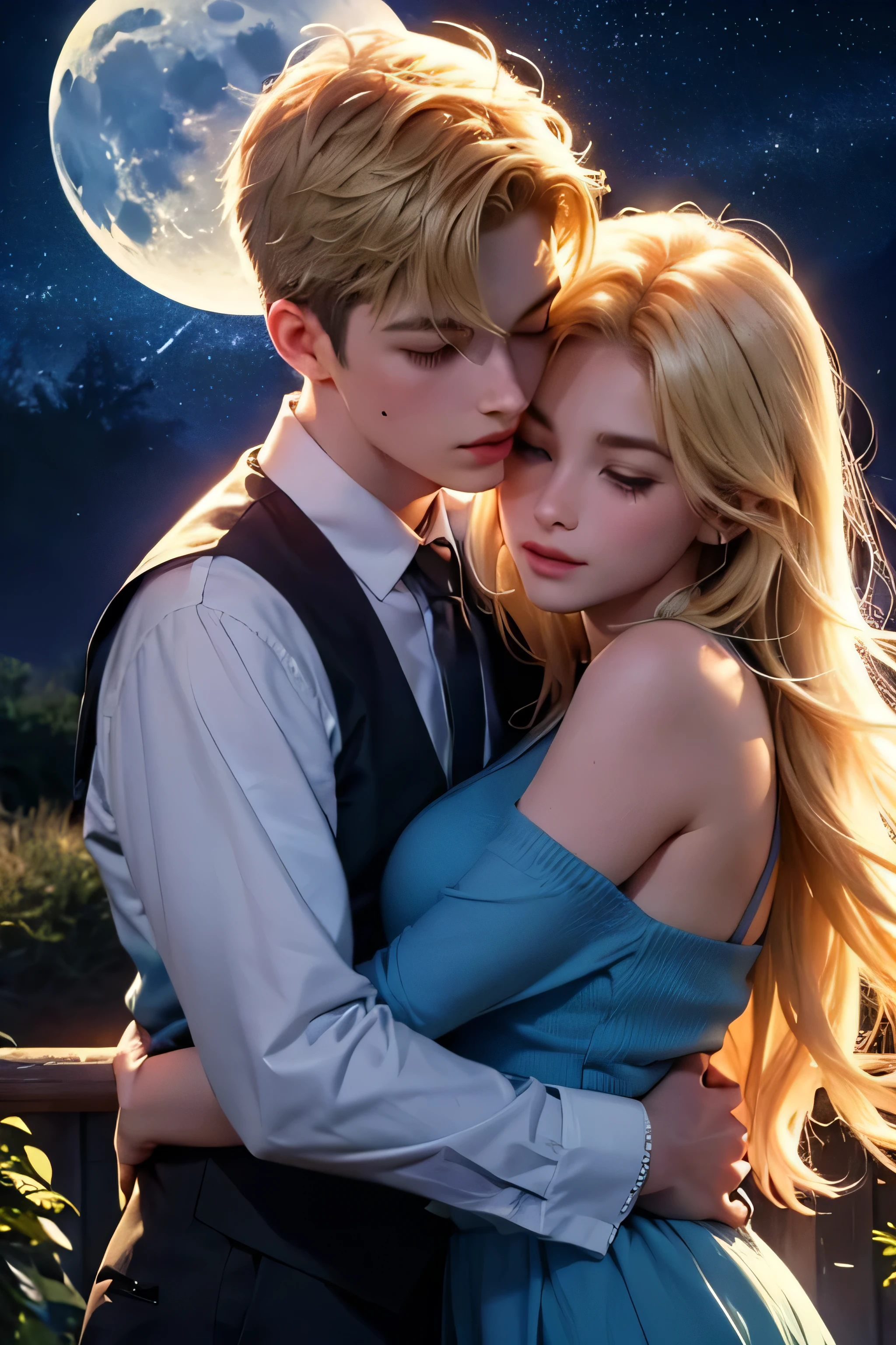 Make a boy hugging a blonde girl in front of the starry sky and the moon