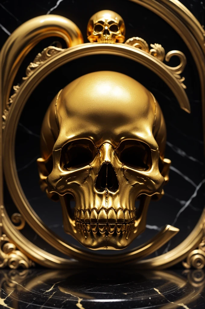 A golden human skull on top of black marble