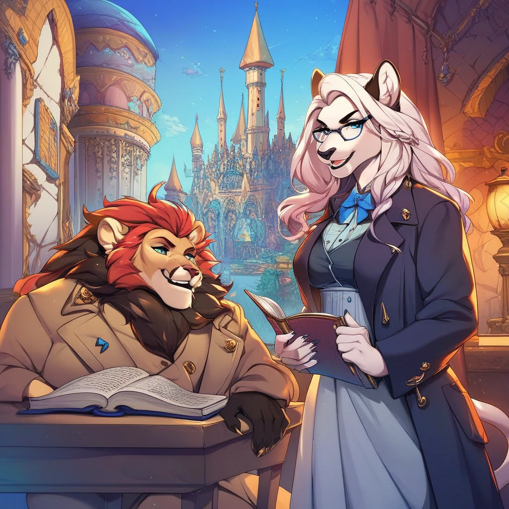 score_9, score_8_up, score_7_up, score_6_up, score_5_up, score_4_up, anthropomorphic characters, regal lion, royal attire, cunning fox, trench coat, wise owl, glasses, vibrant cityscape, modern and medieval architecture, book cover, ornate lettering, adventure, intrigue, worn edges, well-loved book