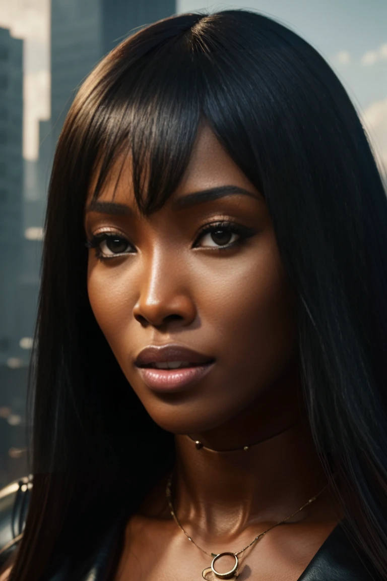 full body close up, Hyperrealistic close-up photo of Naomi Campbell, Masterpiece, Best Quality, (photorealistic:1.4), Create dystopian Masterpieces. Depicts the cityscape in the bold style of the game's concept art.. This work should evoke a feeling of abandonment and despair in a futuristic environment., post-apocalyptic world. Notice the intricacies of the detail., The sharp focus.