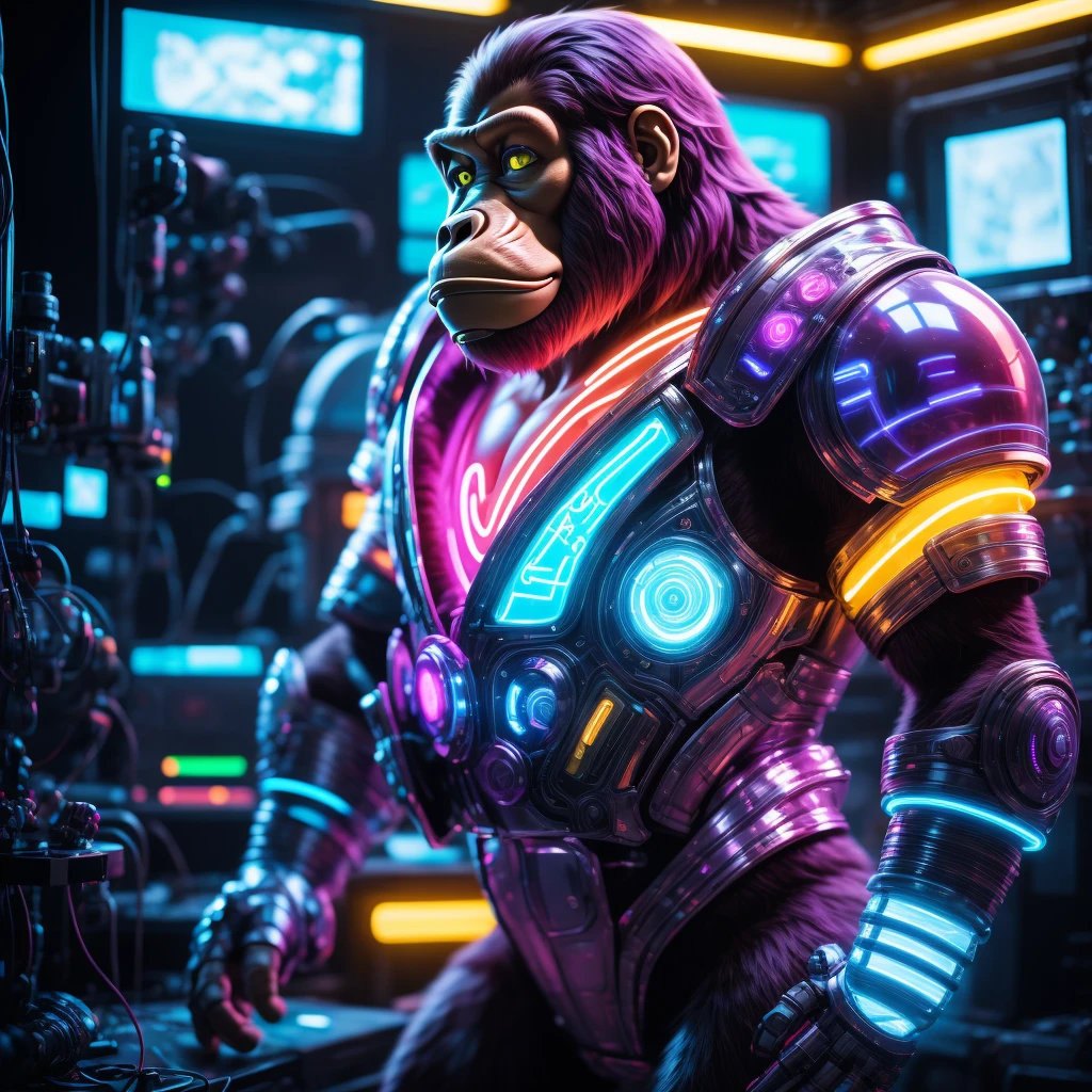 In a laboratory, neon colors are transferred to Ape in a glass capsule and colored smoke comes out of the capsule. there are splashes of neon color around and some broken wires transferring color in places, translucent neon body color (purple, blue, green), perfect composition, hyperrealistic, super detailed, 8k, high quality, trending art, trending on artstation, sharp focus, studio photo, intricate details, highly detailed