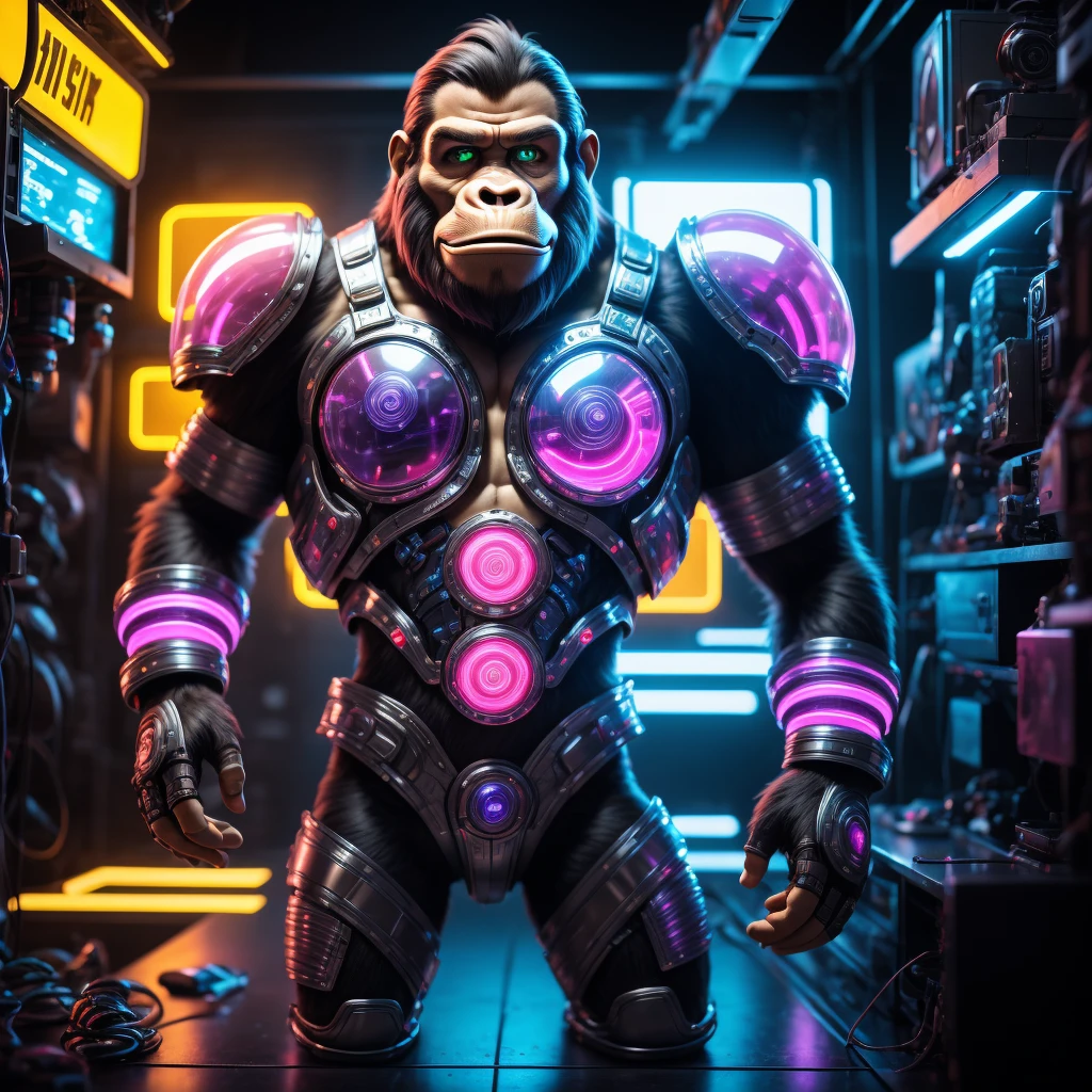 In a laboratory, neon colors are transferred to Ape in a glass capsule and colored smoke comes out of the capsule. there are splashes of neon color around and some broken wires transferring color in places, translucent neon body color (purple, blue, green), perfect composition, hyperrealistic, super detailed, 8k, high quality, trending art, trending on artstation, sharp focus, studio photo, intricate details, highly detailed