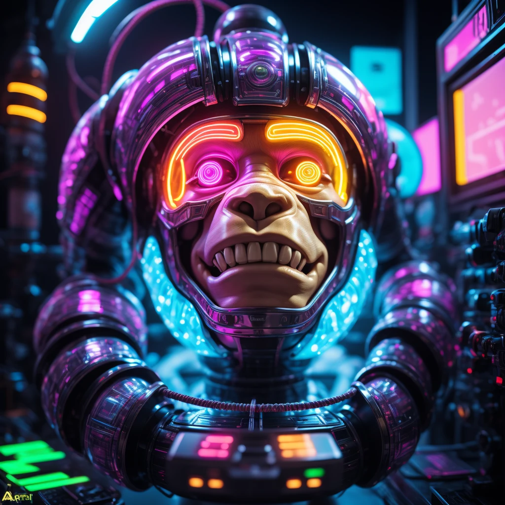 In a laboratory, neon colors are transferred to Ape in a glass capsule and colored smoke comes out of the capsule. there are splashes of neon color around and some broken wires transferring color in places, translucent neon body color (purple, blue, green), perfect composition, hyperrealistic, super detailed, 8k, high quality, trending art, trending on artstation, sharp focus, studio photo, intricate details, highly detailed
