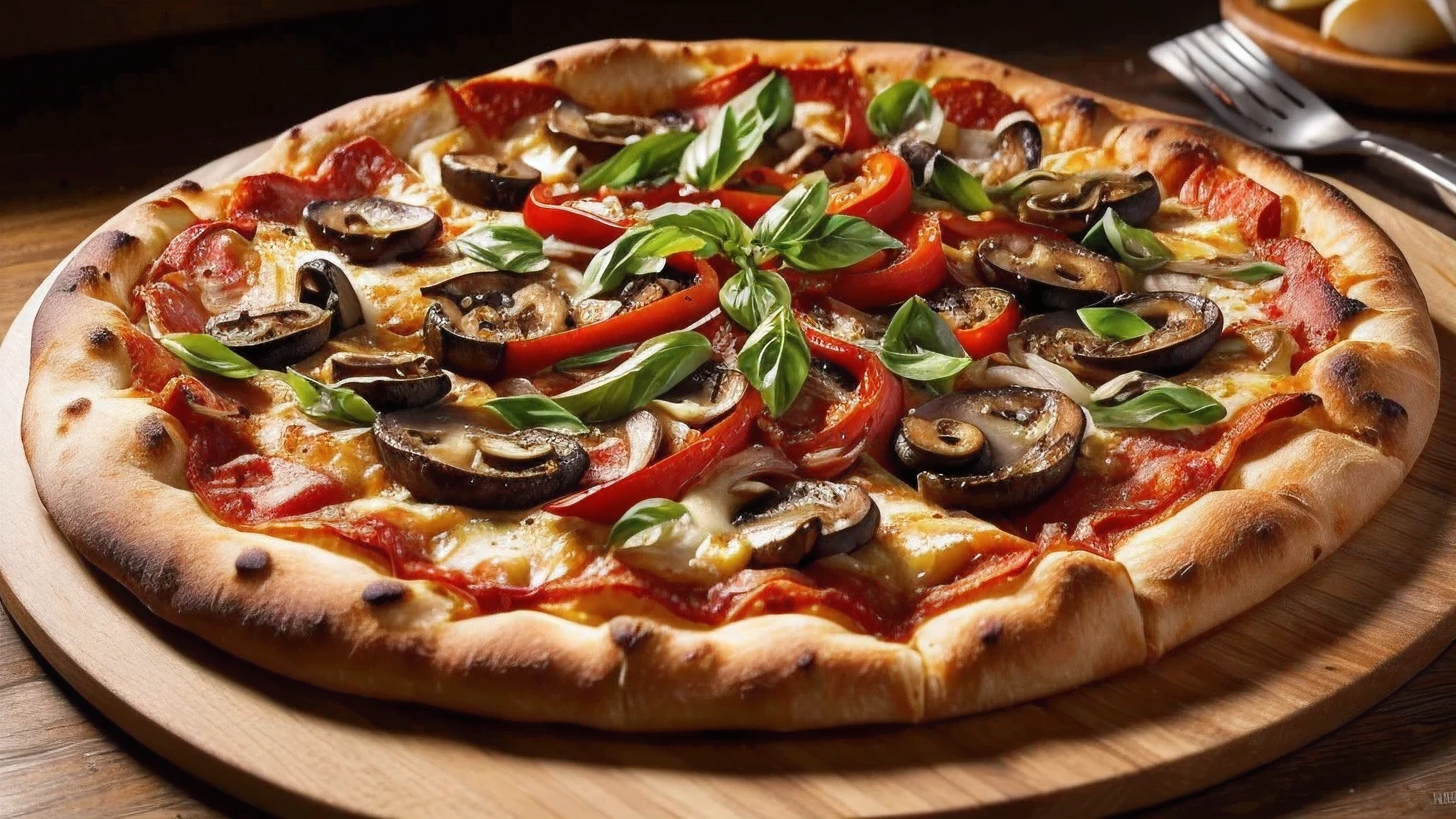 a delicious freshly baked pizza, steam rising, crispy golden crust, melted cheese, pepperoni, mushrooms, onions, bell peppers, vibrant colors, detailed texture, mouthwatering, perfect lighting, photorealistic, HDR, 8k, (best quality,4k,8k,highres,masterpiece:1.2),ultra-detailed,(realistic,photorealistic,photo-realistic:1.37)