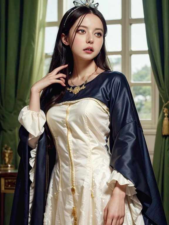 (Ultra-high resolution), (masterpiece), (Attention to detail), (high quality), (最high quality), ((upper body shot)) , One Girl, Medieval Lady, ((Queen)), Victorian Style, race, silk, Long gown, High upstyle, tiara, Royal Blue, Silver Accessories, Luxury Background, Royal Palace Garden, Coat of arms, Luxurious curtains, Classic beauty, Sophistication, Noble, 王家のCoat of arms, Graceful pose, Noble atmosphere