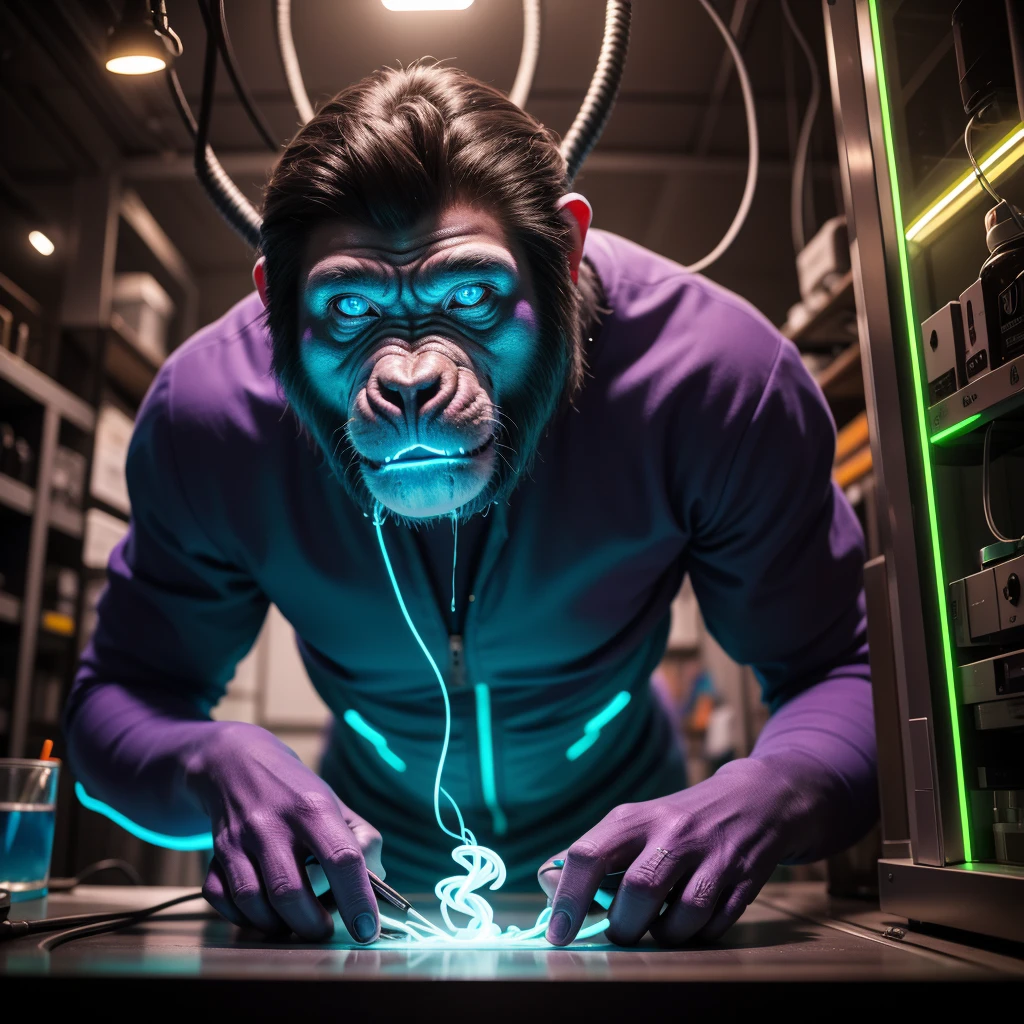 In a laboratory, neon colors are transferred to Ape in a glass capsule and colored smoke comes out of the capsule. there are splashes of neon color around and some broken wires transferring color in places, translucent neon body color (purple, blue, green), perfect composition, hyperrealistic, super detailed, 8k, high quality, trending art, trending on artstation, sharp focus, studio photo, intricate details, highly detailed,