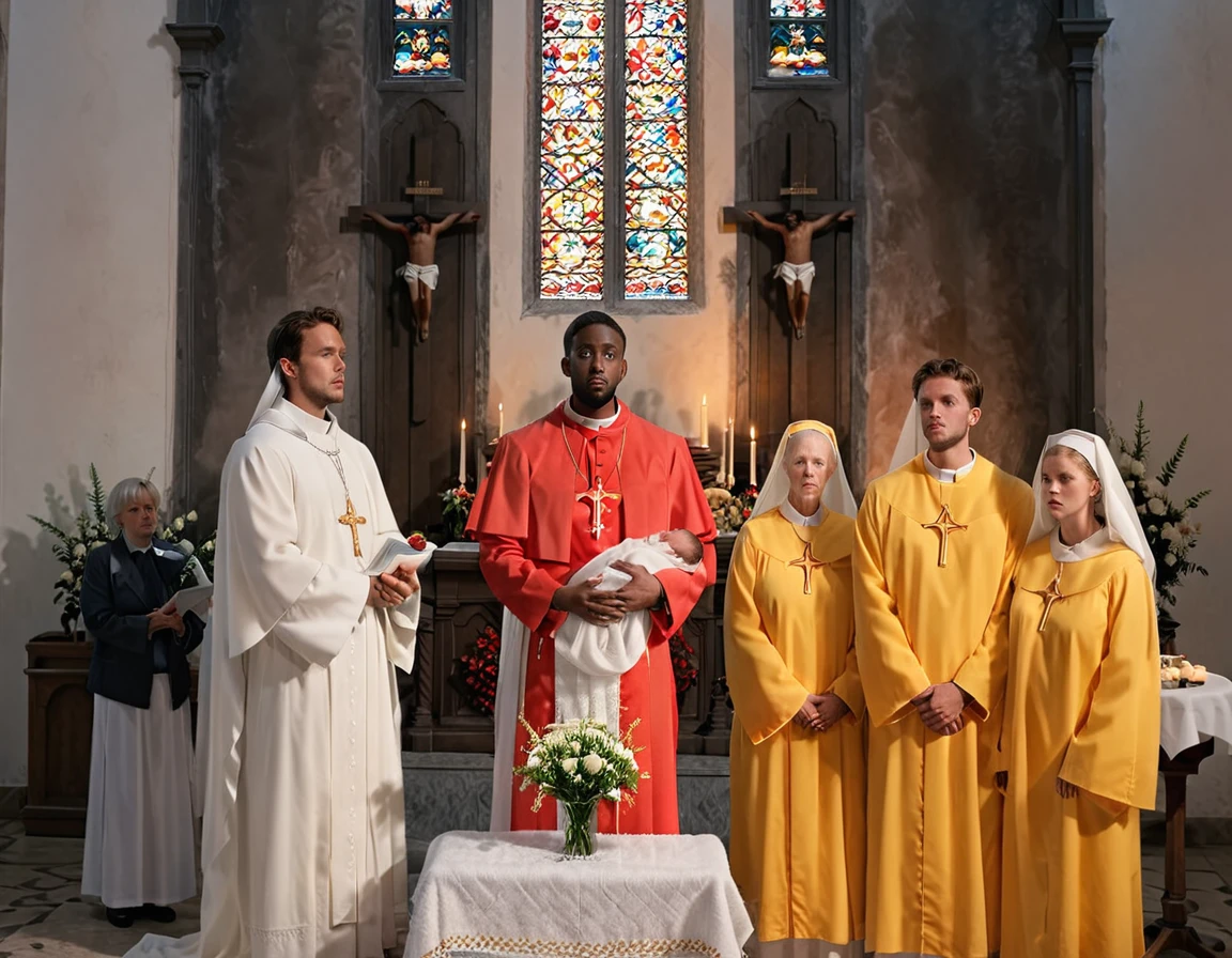 An ultra realistic church altar, Gothic style, in front of the pupto in the center we have a black man, holding a  wrapped in a white blanket, on the left side we have a priest with open arms with an astonished look and on the right side a choir with white clothes and white veils looking at the man with an appearance of fear. The man in the red blazer and red hat holds the baby as if hs going to baptize him. The priest dressed in white is white and calico, just like the three}These are choir people dressed in yellow