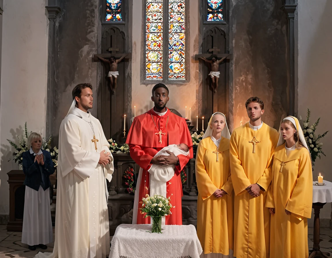 An ultra realistic church altar, Gothic style, in front of the pupto in the center we have a black man, holding a newborn baby wrapped in a white blanket, on the left side we have a priest with open arms with an astonished look and on the right side a choir with white clothes and white veils looking at the man with an appearance of fear. The man in the red blazer and red hat holds the baby as if he was going to baptize him. The priest dressed in white is white and calico, just like the three}These are choir people dressed in yellow