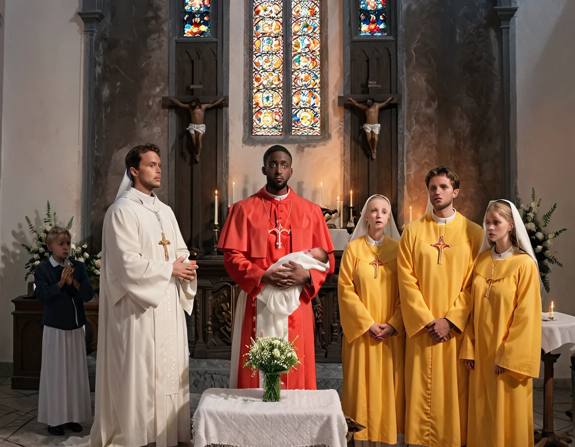 An ultra realistic church altar, Gothic style, in front of the pupto in the center we have a black man, holding a newborn baby wrapped in a white blanket, on the left side we have a priest with open arms with an astonished look and on the right side a choir with white clothes and white veils looking at the man with an appearance of fear. The man in the red blazer and red hat holds the baby as if he was going to baptize him. The priest dressed in white is white and calico, just like the three}These are choir people dressed in yellow