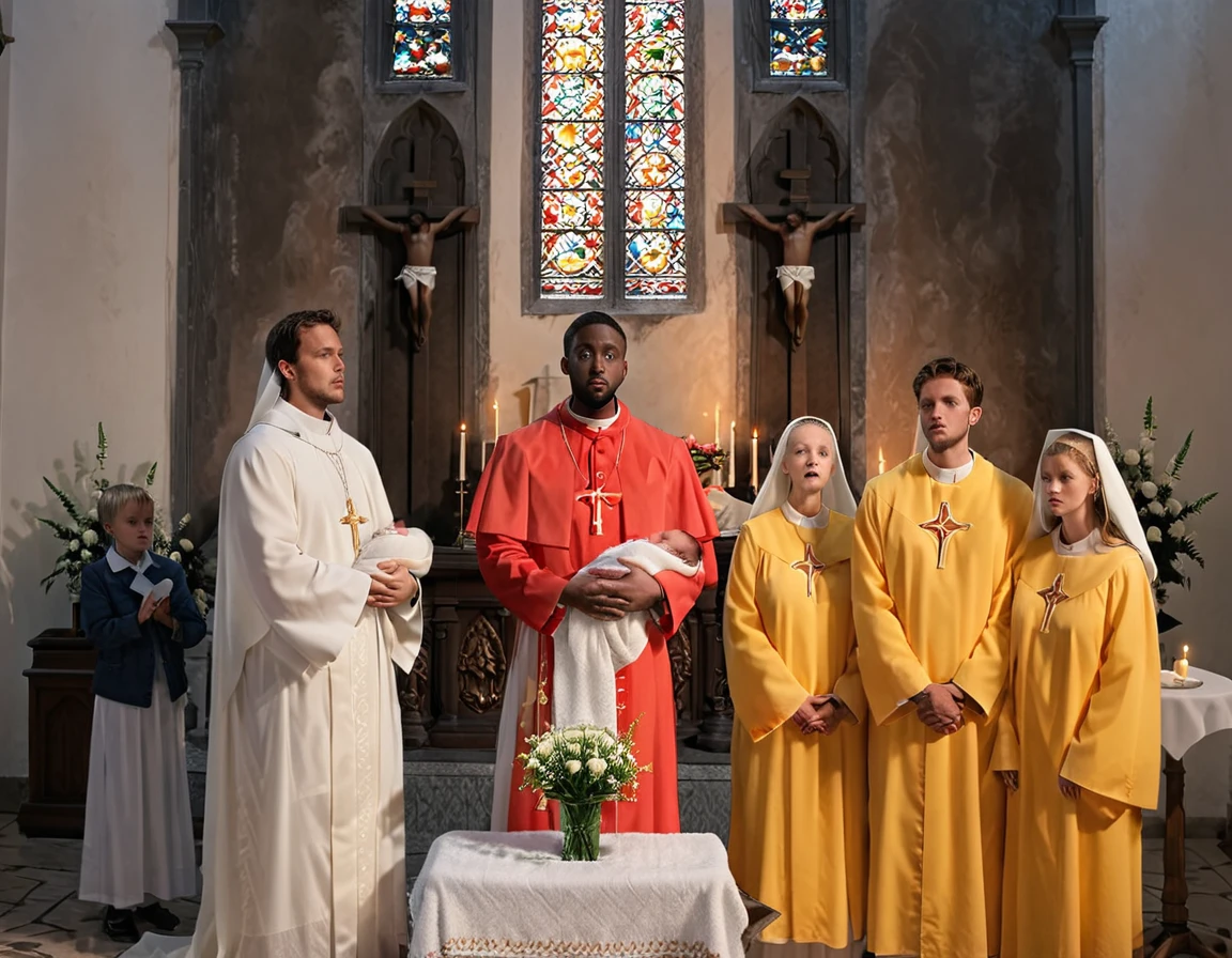 An ultra realistic church altar, Gothic style, in front of the pupto in the center we have a black man, holding a  wrapped in a white blanket, on the left side we have a priest with open arms with an astonished look and on the right side a choir with white clothes and white veils looking at the man with an appearance of fear. The man in the red blazer and red hat holds the baby as if hs going to baptize him. The priest dressed in white is white and calico, just like the three}These are choir people dressed in yellow