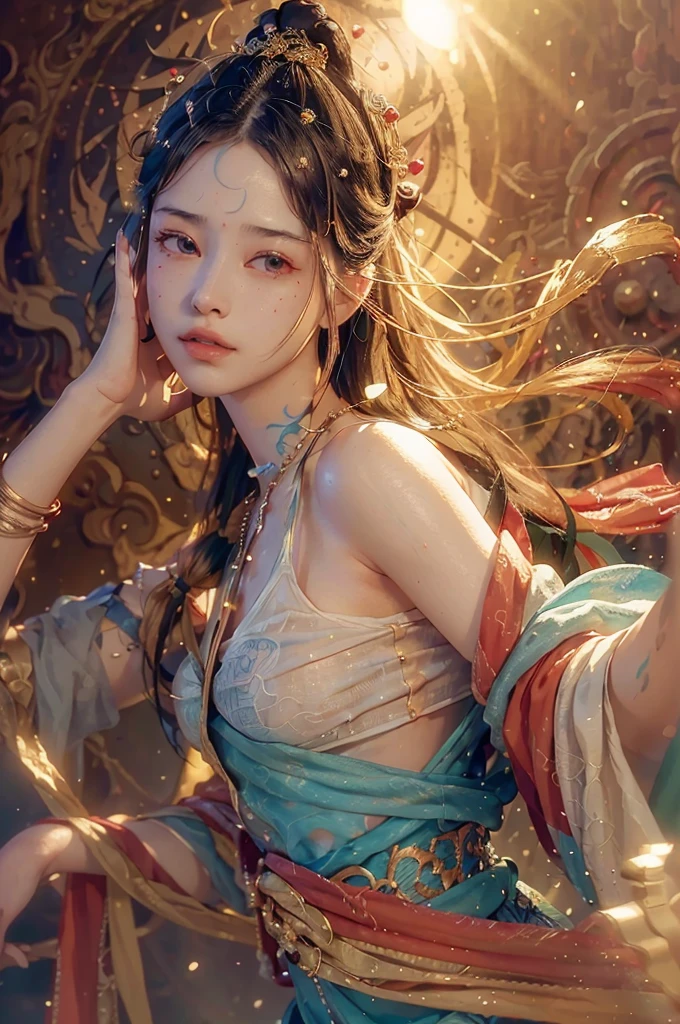 (RAW photo, best quality), (realistic, photo-realistic:1.3),best quality,highly detailed,masterpiece,ultra-detailed,illustration,1girl,upper_body,dynamic angle,world masterpiece theater,messy_long_hair,best quality,extremely detailed CG unity 8k wallpaper,ink,Amazing,cinematic lighting,lens_flare,,dunhuang_style