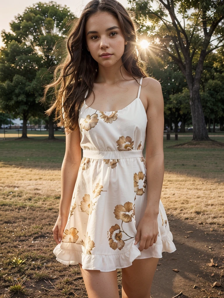 generates a photo of a white girl , slightly wavy brown hair brown eyes, shaped body, in a PARK with the glow of the sun at sunset reflecting its face, THE MODEL HAS A FLOWER DRESS SHOWING HER LEG A LITTLE IN A SENSUAL WAY