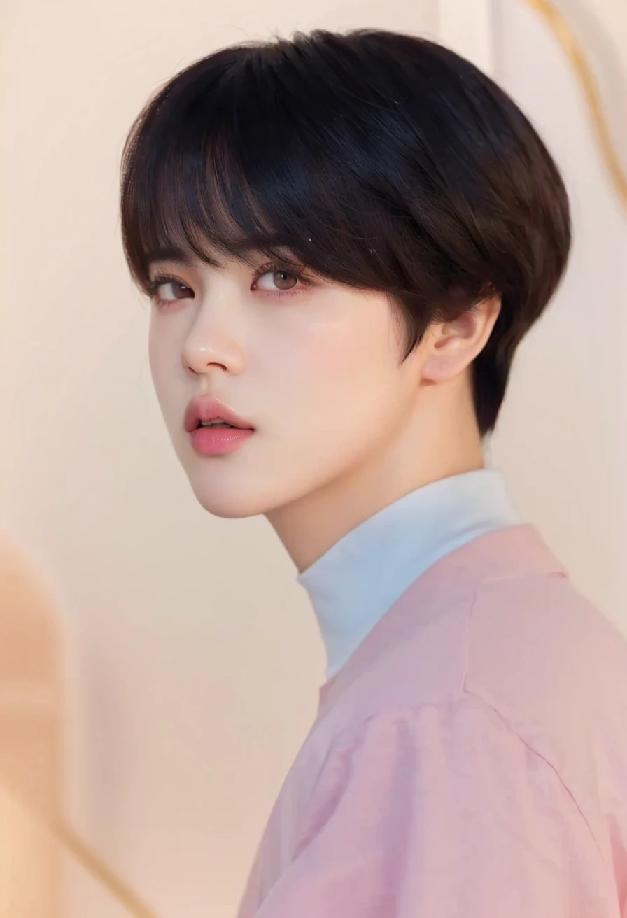 a close-up of a person with short hair and a pink shirt, Jimin\the full lips, Jimin, park Jimin, Jimin\the Greek nose, Jimin\the right eyelid is swollen, Kim Doyoung, accurate Jimin face, Tae June Kim, Yoongi with black hair, Retrato de Jossi do Blackpink, beautiful young prince, hyung tae