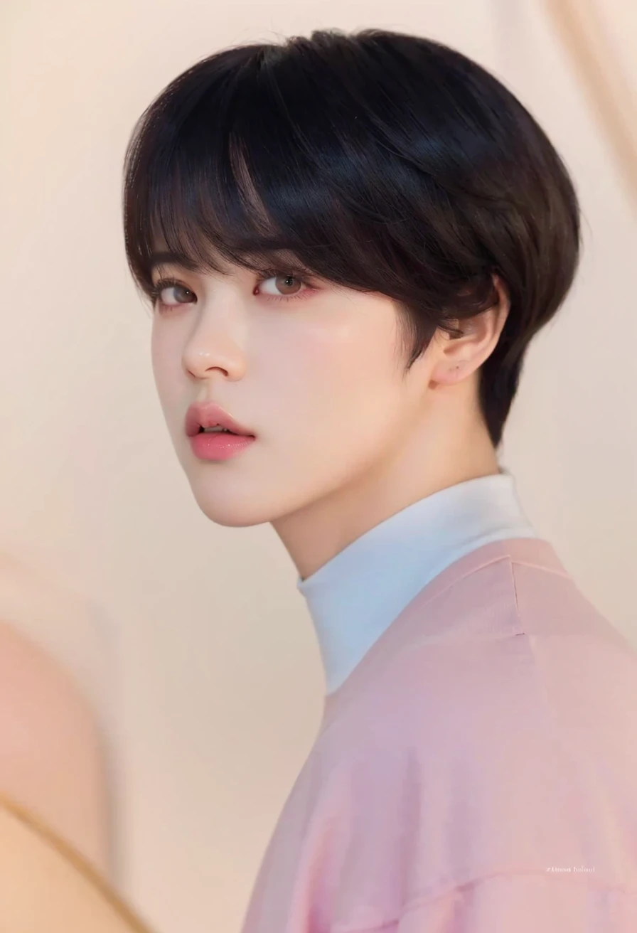 a close-up of a person with short hair and a pink shirt, Jimin\the full lips, Jimin, park Jimin, Jimin\the Greek nose, Jimin\the right eyelid is swollen, Kim Doyoung, accurate Jimin face, Tae June Kim, Yoongi with black hair, Retrato de Jossi do Blackpink, beautiful young prince, hyung tae