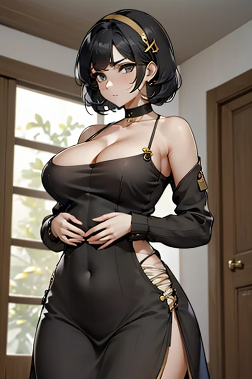(from below:1.2), (perky chest:1.2), (pointed chest:1.2), 1girl, Bust A Cup, Amazing Cleavage:1.1, thin waist, big ass, Raised cute, small breast: 1.1 posed cleavage:1.2、solo, looking at viewer, have a cute glass of cute beer glass,black hair, dark green eyes, dress, bare shoulders, jewelry, collarbone, side locks, hairband, earrings, indoors, off shoulder, arms behind back, plants, short hair with long locks, gild hairband, off-shoulder dress, sweater dress, off-shoulder sweater, red sweater, dark gold hair, big side hair, very long side hair,is rendered in (masterpiece: 1.2, best quality), with (ultra high resolution) and an exquisite (depth of field). This masterpiece is not only visually stunning but also tells,A scene of cooking in the kitchen