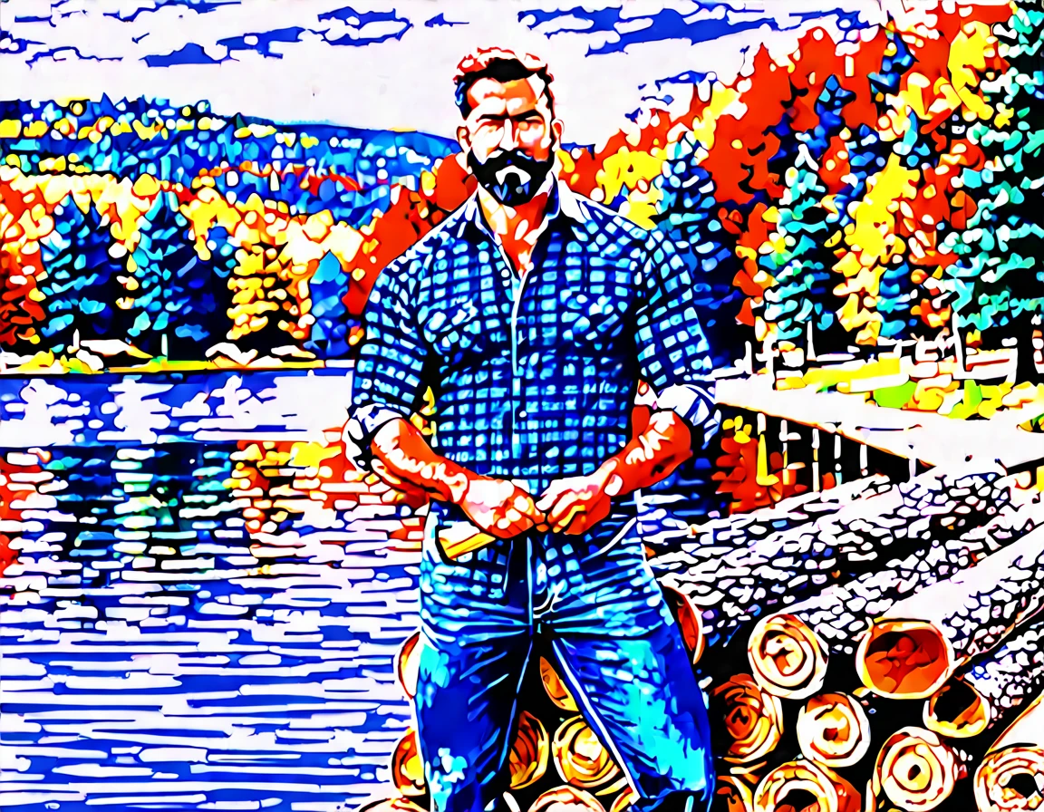 A handsome rugged man with big muscles, short random colored hair, well-manicured beard and mustache and big blue eyes. Wearing blue jeans and a flannel shirt. Chopping wood in front of a luxury log cabin next to a magnificent lake with a boat dock. It is Autumn and the trees are turning bright red, orange and yellow. Style of (Muscle Core:1.6). (Distant full body view:1.5). Hyper realistic photo, vibrant colors, 16k