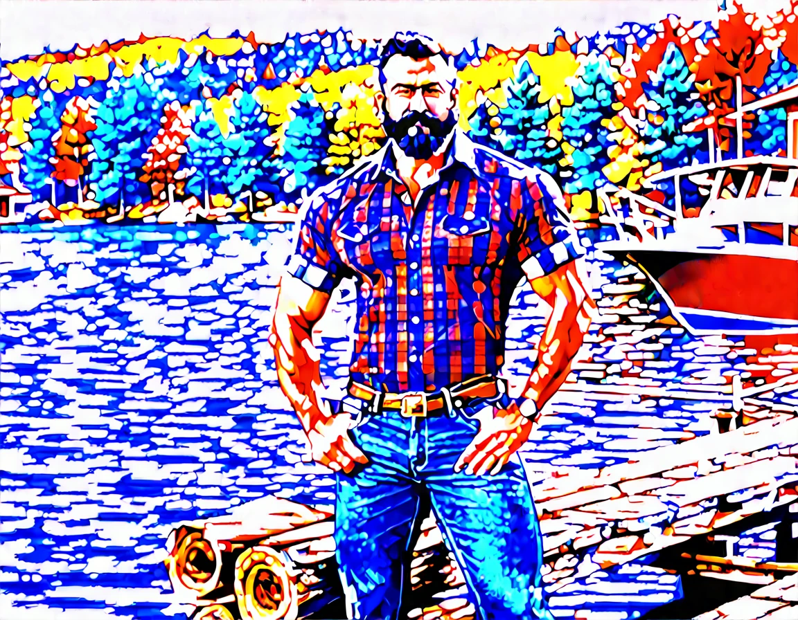 A handsome rugged man with big muscles, short random colored hair, well-manicured beard and mustache and big blue eyes. Wearing blue jeans and a flannel shirt. Chopping wood in front of a luxury log cabin next to a magnificent lake with a boat dock. It is Autumn and the trees are turning bright red, orange and yellow. Style of (Muscle Core:1.6). (Distant full body view:1.5). Hyper realistic photo, vibrant colors, 16k