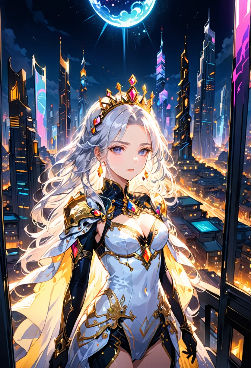 (Queen, crown), The screen mainly depicts the neon queen of the future city. In the center of the screen is an empress wearing a silver robe, standing on the towering rooftop of the city. Behind her is a brightly lit night scene of the city. Her gaze is firm, like a queen who controls the pulse of the entire city. The camera is shot from an oblique angle, giving the scene a strong sense of movement and future, (Photography), award-winning, cinematic still, emotional, vignette, dynamic, vivid, (masterpiece, best quality, Professional, perfect composition, very aesthetic, absurdres, ultra-detailed, intricate details:1.3)