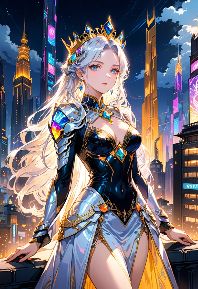 (Queen, crown), The screen mainly depicts the neon queen of the future city. In the center of the screen is an empress wearing a silver robe, standing on the towering rooftop of the city. Behind her is a brightly lit night scene of the city. Her gaze is firm, like a queen who controls the pulse of the entire city. The camera is shot from an oblique angle, giving the scene a strong sense of movement and future, (Photography), award-winning, cinematic still, emotional, vignette, dynamic, vivid, (masterpiece, best quality, Professional, perfect composition, very aesthetic, absurdres, ultra-detailed, intricate details:1.3)
