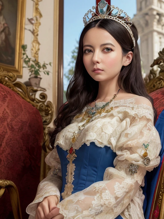 (Ultra-high resolution), (masterpiece), (Attention to detail), (high quality), (最high quality), ((upper body shot)) , One Girl, Medieval Lady, ((Queen)), Victorian Style, race, silk, Long gown, High upstyle, tiara, Royal Blue, Silver Accessories, Luxury Background, Royal Palace Garden, Coat of arms, Luxurious curtains, Classic beauty, Sophistication, Noble, 王家のCoat of arms, Graceful pose, Noble atmosphere