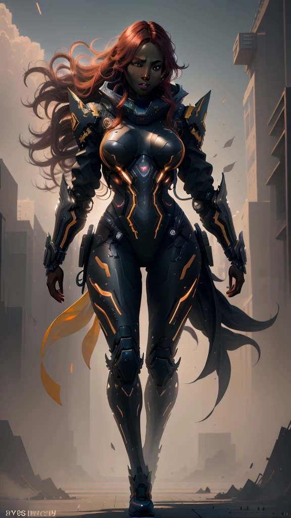 (best quality,4k,8k,highres,masterpiece:1.2),1 girl, red scarlet hair, yellow eyes, very long hair, dark ebony skin, fit body, slender body, slim waist, large breasts, (confident expression), pilot suit, thigh gap, (best quality,4k,8k,highres,masterpiece:1.2),ultra-detailed,(realistic,photorealistic,photo-realistic:1.37),digital painting, highly detailed, intricate details, hyperrealistic, dynamic pose, dramatic lighting, volumetric lighting, vibrant colors, cinematic composition