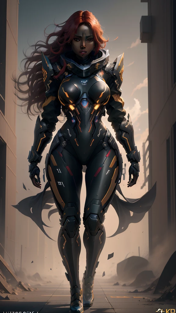 (best quality,4k,8k,highres,masterpiece:1.2),1 girl, red scarlet hair, yellow eyes, very long hair, dark ebony skin, fit body, slender body, slim waist, large breasts, (confident expression), pilot suit, thigh gap, (best quality,4k,8k,highres,masterpiece:1.2),ultra-detailed,(realistic,photorealistic,photo-realistic:1.37),digital painting, highly detailed, intricate details, hyperrealistic, dynamic pose, dramatic lighting, volumetric lighting, vibrant colors, cinematic composition