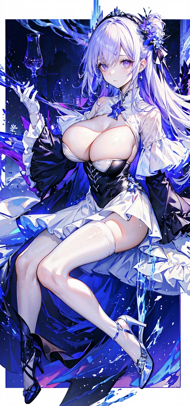 ((masterpiece:1.4,best quality)),(Super detailed),(Extremely detailed eyes),(Shiny socks:1.5),Hello Darkness
(Cute girls),,(Blood-red pupils,Diamond-shaped pupil:1.15),Purple Eyeshadow,(elongated hair,Thick hair,Single ponytail,shiny hair:1.5)(Changes through:1.2),despair,sad,Empty eyes,tears streaming down my face,tilting its head to the side,
(She wore a blue dress,:1.5),(Black gloves:1.4)Very long plush sleeves,White,White Cloud,Dream bubbles ,Ice and glitter effects
(Black long skirt:1.1),
((Starry Sky:1.2)),
(Intense black and white:1.16),(Depth of Field:1.4),,Intricate details,(((Detailed background,Castle in the Sky,Purple flowers by the lake))),(((Huge breasts,Bare breasts,Deep cleavage,White stiletto high heels,Transparent clothes)))