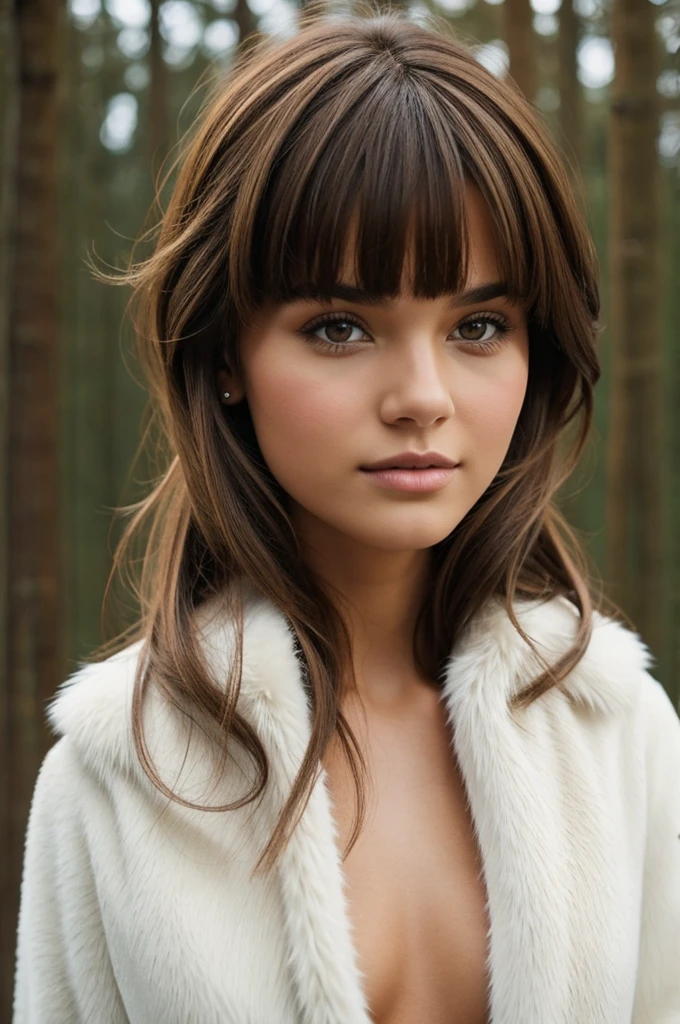 An image of a girl with brown wolfcut hair, with white fur and dressed in women&#39;s clothing of the Greek goddesses along with two black and white tuxedo cats, one with a green collar and the other with a purple collar in a place full of nature 