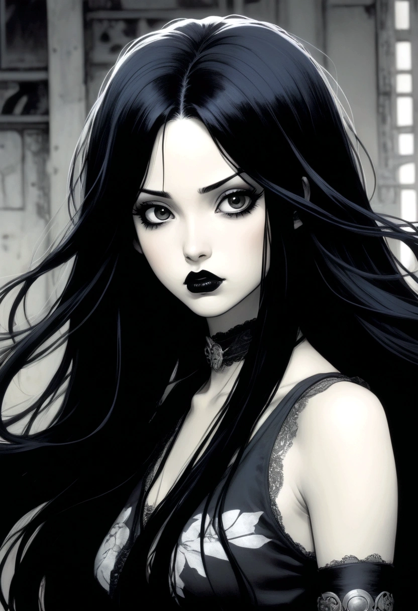 manga girl with long black hair, early 20s in age, goth makeup, black lips, 90s anime style, Chris bachalo art style, emotionally charged, vintage anime blur --niji 5