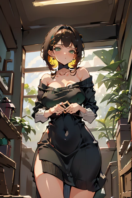 (from below:1.2), (perky chest:1.2), (pointed chest:1.2), 1girl, Bust A Cup, Amazing Cleavage:1.1, thin waist, big ass, Raised cute, small breast: 1.1 posed cleavage:1.2、solo, looking at viewer, have a cute glass of cute beer glass,black hair, dark green eyes, dress, bare shoulders, jewelry, collarbone, side locks, hairband, earrings, indoors, off shoulder, arms behind back, plants, short hair with long locks, gild hairband, off-shoulder dress, sweater dress, off-shoulder sweater, red sweater, dark gold hair, big side hair, very long side hair,is rendered in (masterpiece: 1.2, best quality), with (ultra high resolution) and an exquisite (depth of field). This masterpiece is not only visually stunning but also tells,A scene of cooking in the kitchen