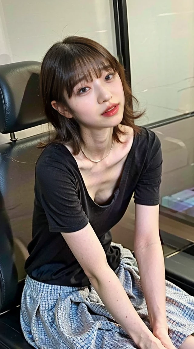 1 Girl ,Highest quality, Ultra-high resolution, Highly detailed skin, Physically Based Rendering, Small breasts, Flat Chest, Down blouse,(14 year old Japanese student, Decorative luxury bra , Overlap short sleeve blouse, Small breasts, Sensual ),Sitting,  Squatting on the train, short hair, necklace ,close,From top left ,Focus on the chest ,High brightness 