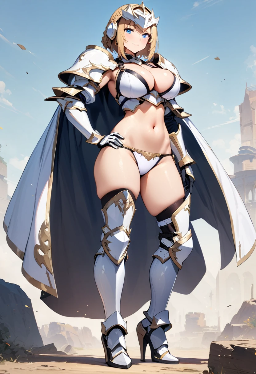 (masterpiece:1.2), (highest quality:1.2), 1girl, solo, ((white-armor)), simple-background, bikini-armo, breasts, full-body, blue-eyes, large-breasts, blonde-hair, thighhighs, navel, gauntlets, shoulder-armor, pauldrons, cleavage, hand-on-hip, armored-boots, standing, looking-at-viewer, short-hair, helmet, high-heels, braid, greaves, thigh-boots, headgear, shoulder-pads, underwear, gloves, revealing-clothes, panties, smile