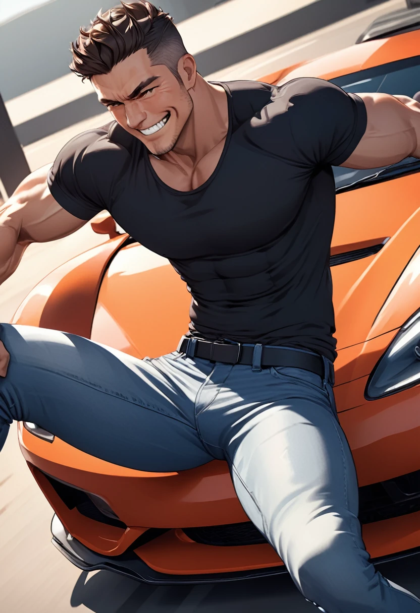 detailed illustration, dynamic angle, ultra-detailed, illustration, 1man, strong, smirk, black shirt, jeans, sitting on a sports car, sexy, seductive, clean shaven