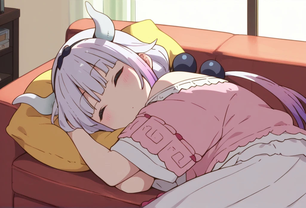 Kanna Kamui, dragon_horns, lying on side, on couch, closed eyes, sleeping,