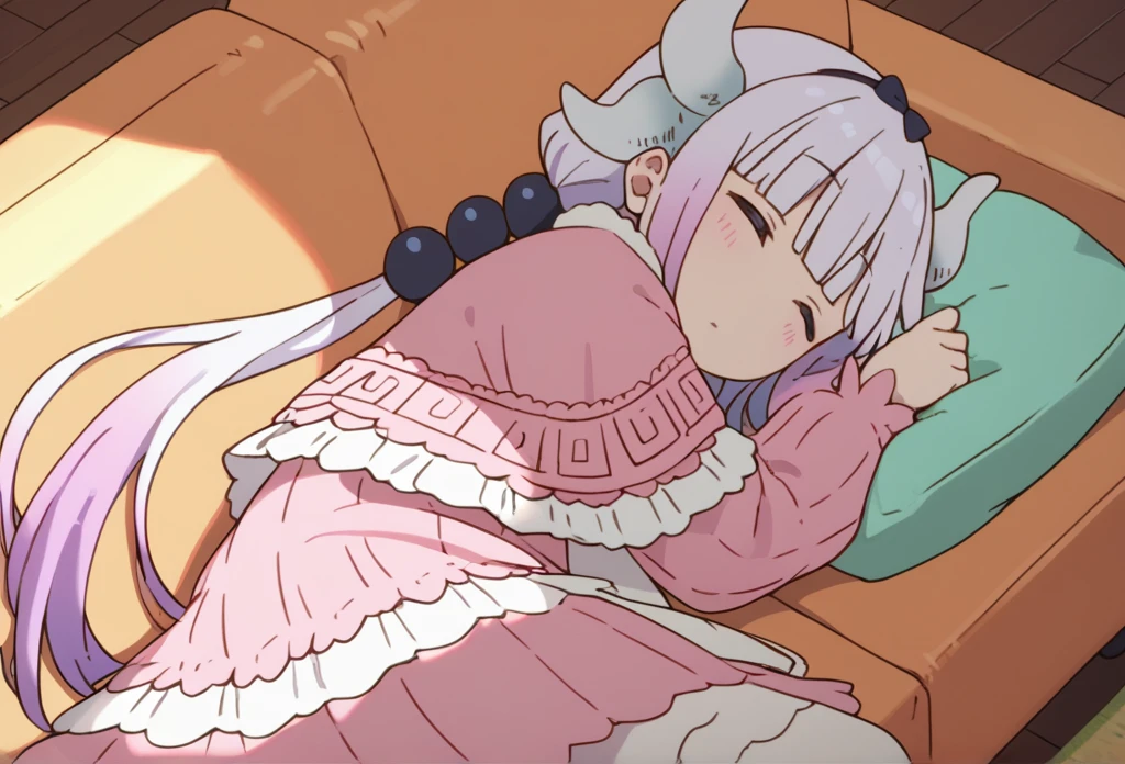 Kanna Kamui, dragon_horns, lying on side, on couch, closed eyes, sleeping,