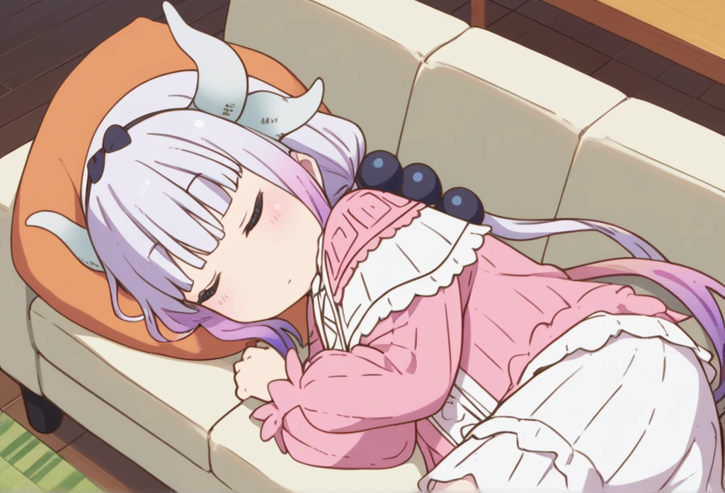  Kanna Kamui, dragon_horns, lying on side, on couch, closed eyes, sleeping,